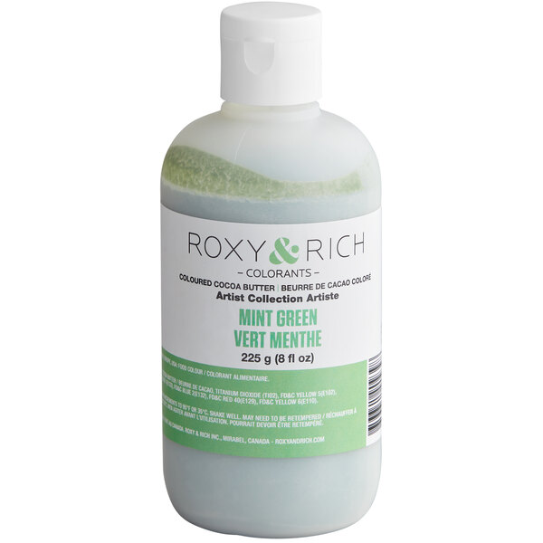 A bottle of Roxy & Rich Mint Green cocoa butter with a white label and liquid inside.