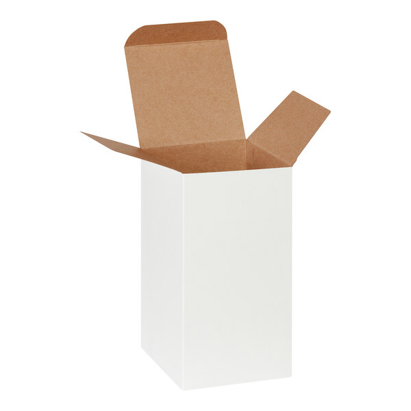 A white reverse tuck carton with open flaps, measuring 4 inches by 4 inches by 8 inches.