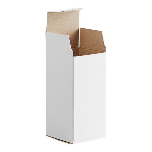 A white reverse tuck carton with an open top, measuring 2 inches by 2 inches by 4 inches.