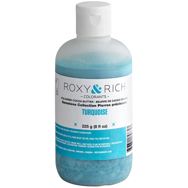 An 8 oz. bottle of Roxy & Rich turquoise liquid food coloring with a blue label.