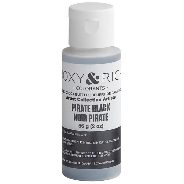 A bottle of Roxy & Rich Pirate Black cocoa butter with a white cap.