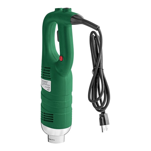 A green power pack with a black cord and red button.