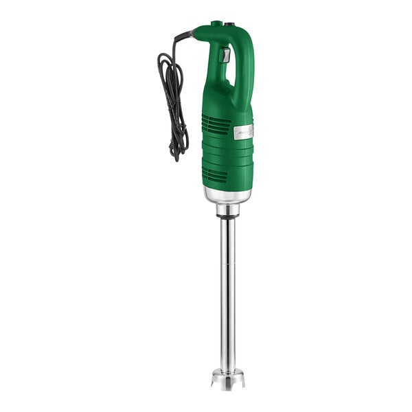 An AvaMix heavy-duty green and silver immersion blender with a black cord.