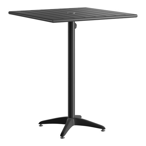 A black powder-coated aluminum bar height outdoor table with a square top and umbrella hole.