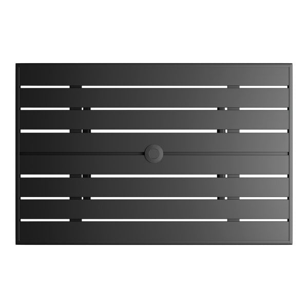 A rectangular black powder-coated aluminum outdoor dining table with horizontal slats and an umbrella hole in the center.