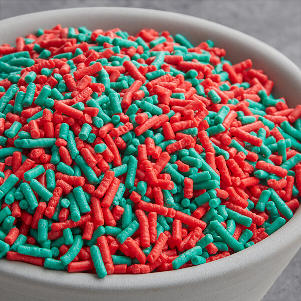 A bowl of red and green Holiday Sprinkle Mix.