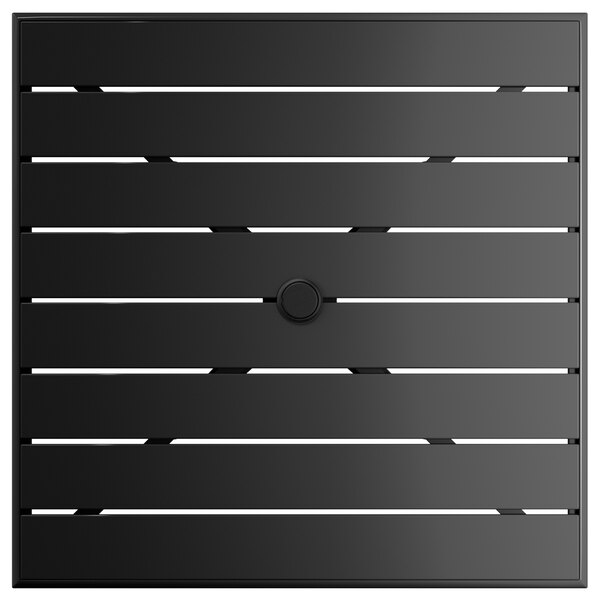 A square black Lancaster Table & Seating outdoor table top with an umbrella hole.