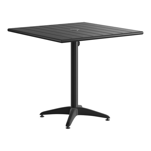A square black powder-coated aluminum outdoor dining table with an umbrella hole and a four-legged base.