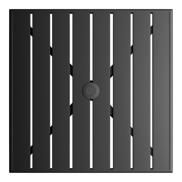 A square black powder-coated aluminum outdoor dining table with slatted design and an umbrella hole in the center.