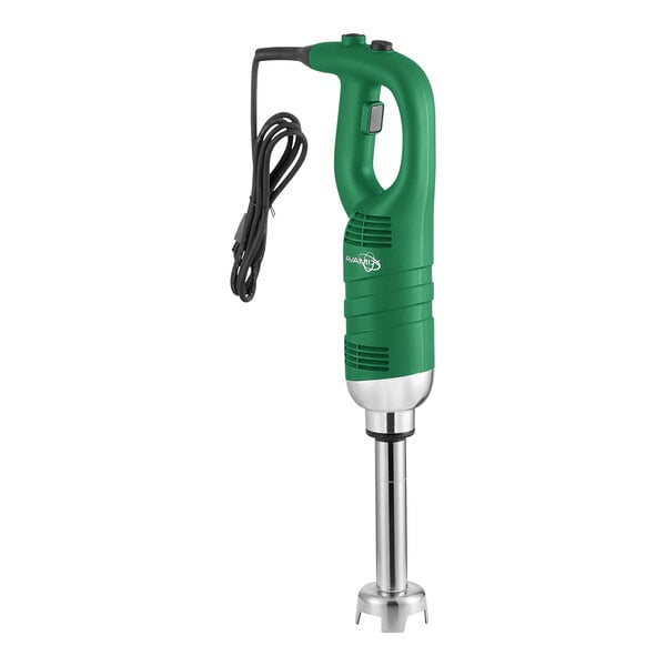 An AvaMix green and silver electric hand blender.