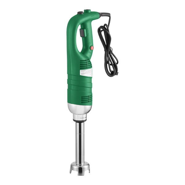 An AvaMix green and silver medium-duty immersion blender with a red button.