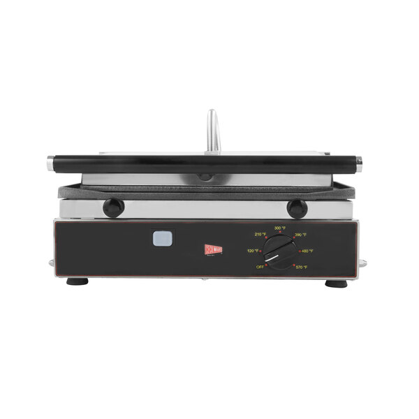 A black and silver Cecilware Single Panini Sandwich Grill with flat surfaces on a counter.