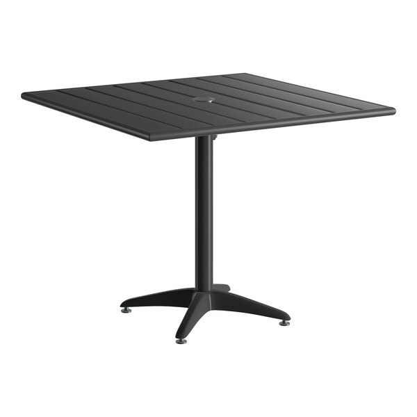 A square black powder-coated aluminum outdoor dining table with an umbrella hole and a four-legged base.