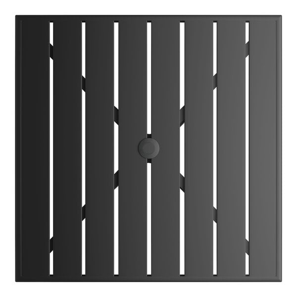 A square black powder-coated aluminum outdoor dining table with slatted top and an umbrella hole in the center.