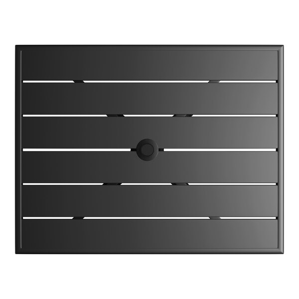 A rectangular black powder-coated aluminum outdoor dining table with slatted top and an umbrella hole in the center.