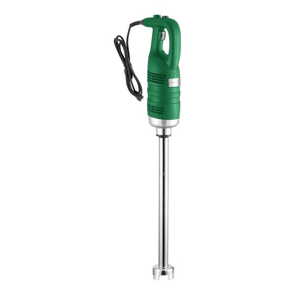 An AvaMix green and silver heavy-duty immersion blender with a black cord.
