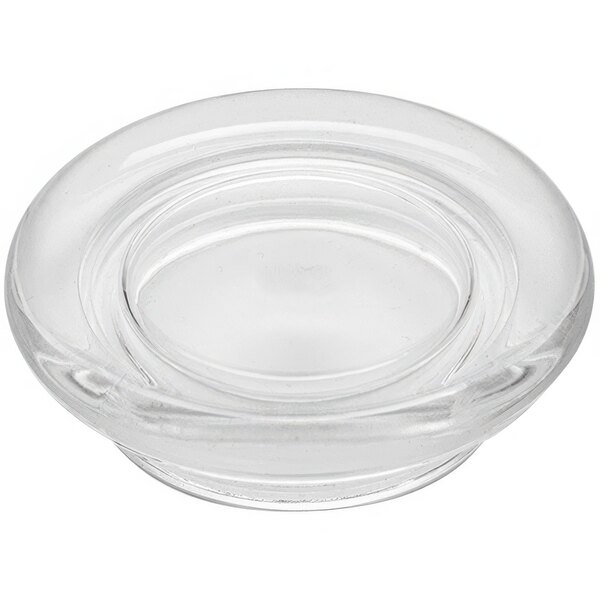 A clear glass bowl with a clear oval lid with a ring.