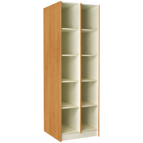 A tall wooden I.D. Systems maple instrument storage cabinet with shelves inside.