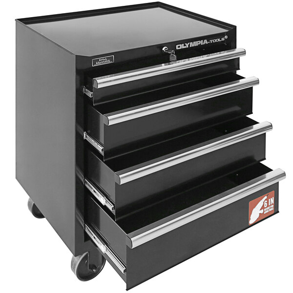 A black Olympia Tools mobile tool cabinet with four drawers.