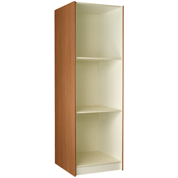 A tall medium cherry wooden cabinet with shelves inside.