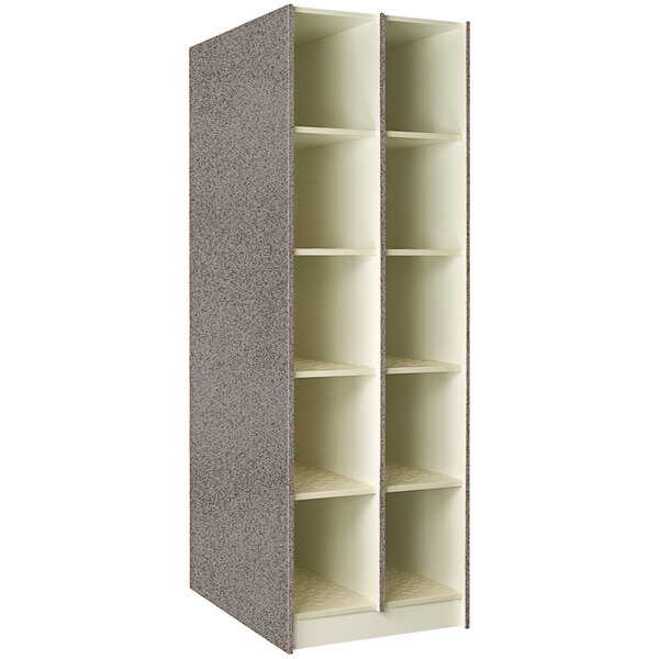 A grey and white I.D. Systems instrument storage cabinet with shelves.
