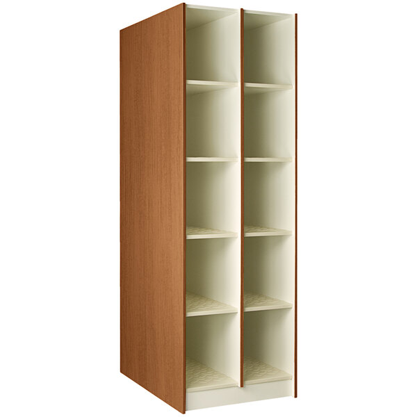 A wooden cabinet with shelves.