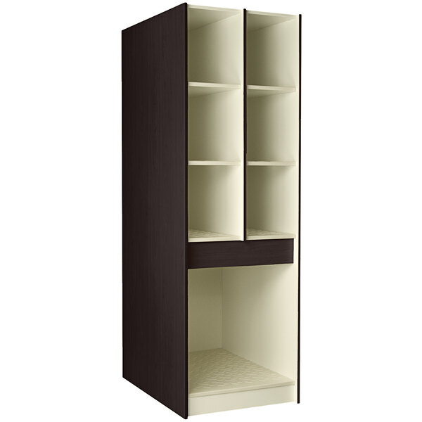 A black and white I.D. Systems instrument storage cabinet with shelves.