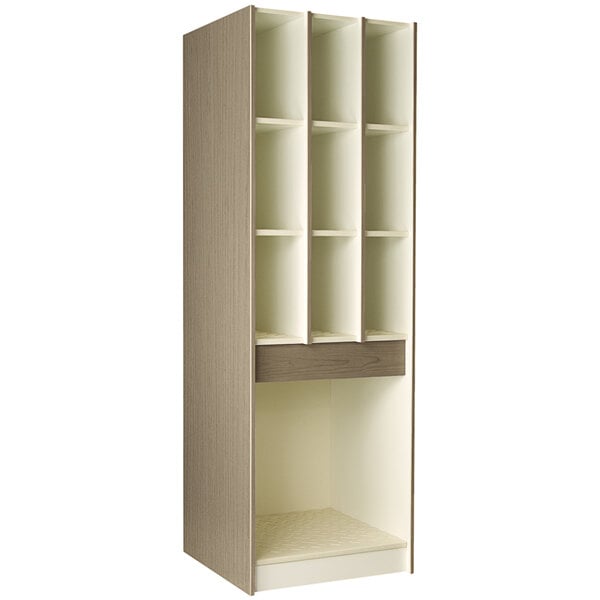 A tall tan I.D. Systems storage cabinet with shelves and doors.