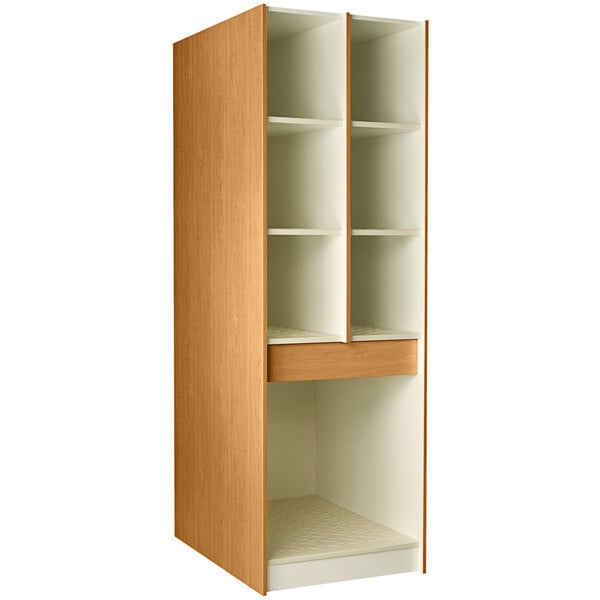 A wooden I.D. Systems storage cabinet with shelves and doors.