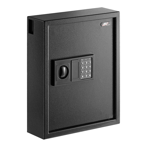 A black steel wall mount key cabinet safe with an electronic keypad lock.