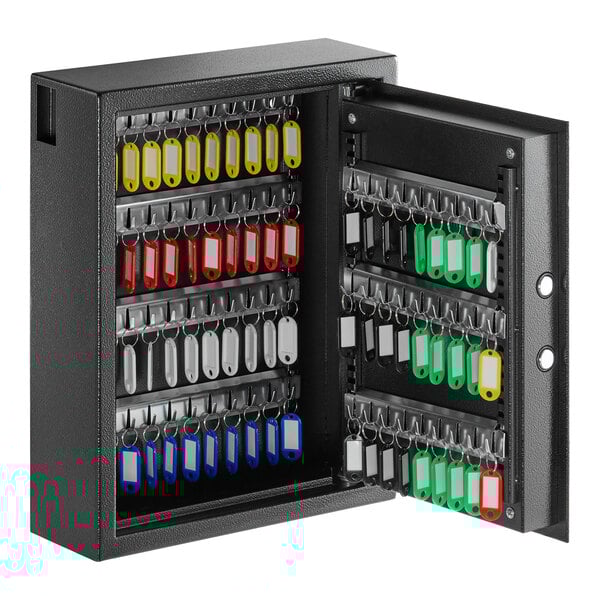 A black steel wall-mounted key cabinet safe with multiple rows of colored key tags and an open door.
