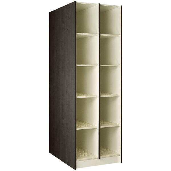A black and white 40" deep cabinet with 10 compartments.