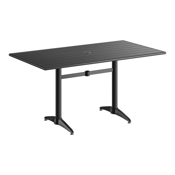 A rectangular black powder-coated aluminum outdoor dining table with an umbrella hole and two sturdy legs.