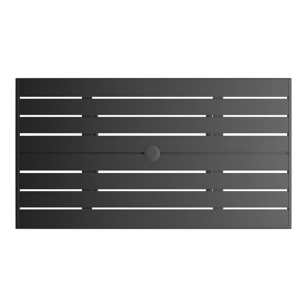 A rectangular black powder-coated aluminum outdoor dining table with slatted design and an umbrella hole in the center.