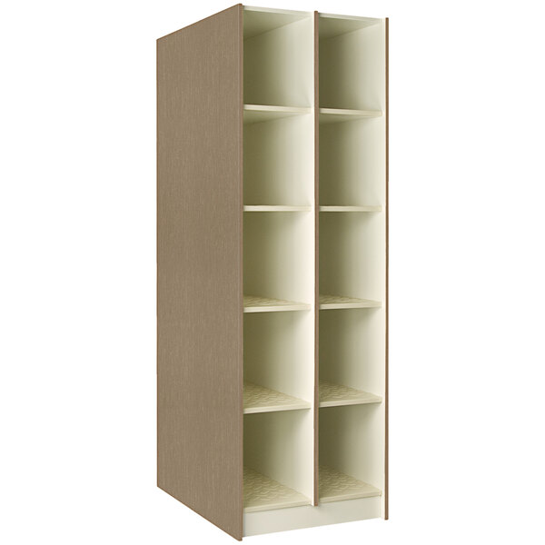 A brown I.D. Systems instrument storage cabinet with shelves.
