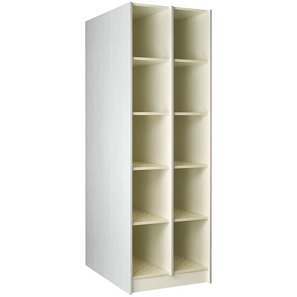 A fashion grey I.D. Systems cabinet with shelves.
