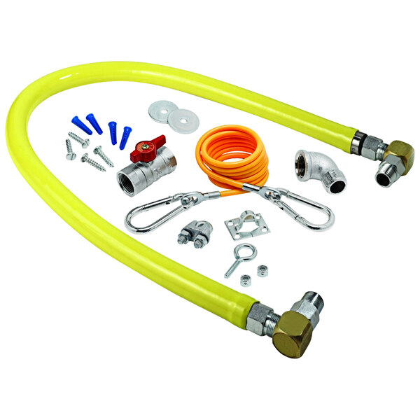 A yellow T&S Safe-T-Link gas hose with installation kit parts.