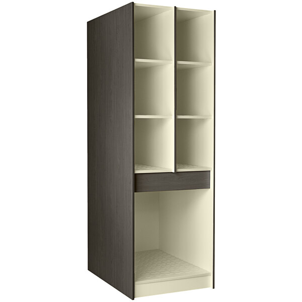 A white I.D. Systems instrument storage cabinet with black trim on the shelves.
