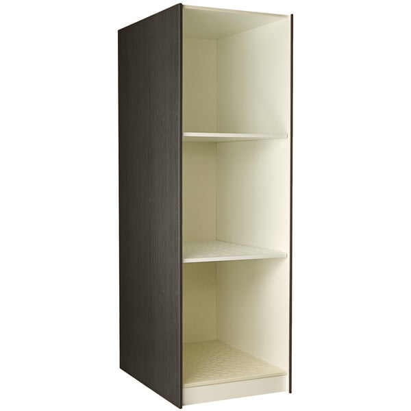 A white I.D. Systems cabinet with a dark elm frame and three compartments.