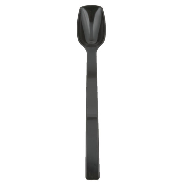 A black polycarbonate salad bar spoon with a black handle.