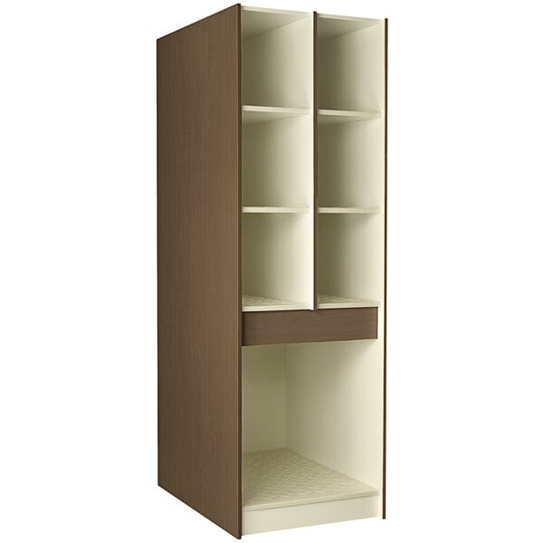 A brown and white I.D. Systems instrument storage cabinet with shelves.