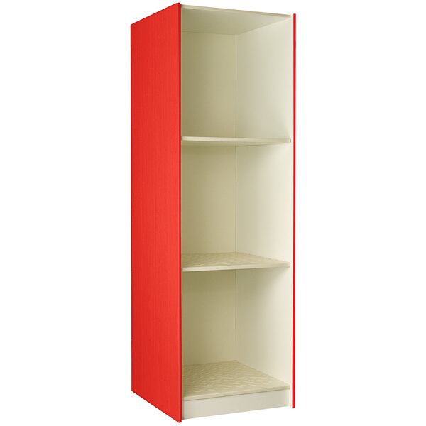 A red shelf with white shelves.