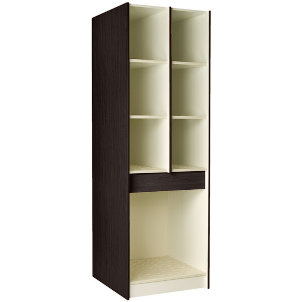 A tall black cabinet with shelves, including multiple white compartments.