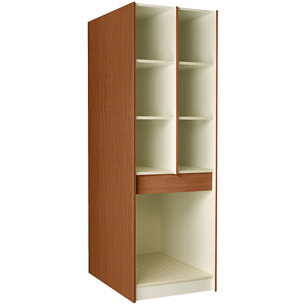 A brown I.D. Systems tall storage cabinet with shelves and doors.