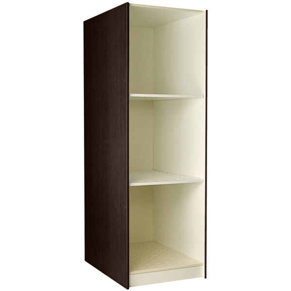A brown I.D. Systems instrument storage cabinet with shelves.