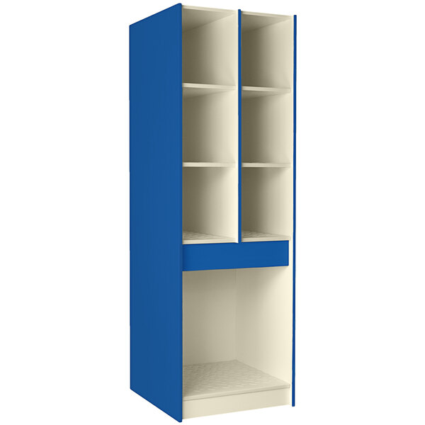 A royal blue I.D. Systems instrument storage cabinet with blue and white shelves.