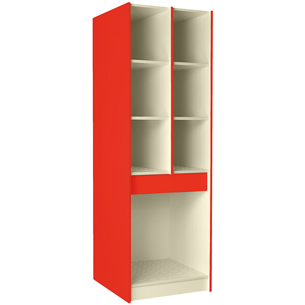 A red I.D. Systems instrument storage cabinet with white compartments.