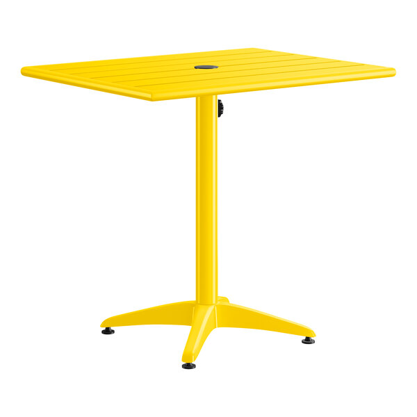 A yellow powder-coated aluminum outdoor dining table with a square top and an umbrella hole.