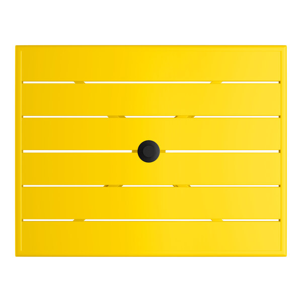 A rectangular yellow powder-coated aluminum outdoor dining table with slatted top and an umbrella hole in the center.