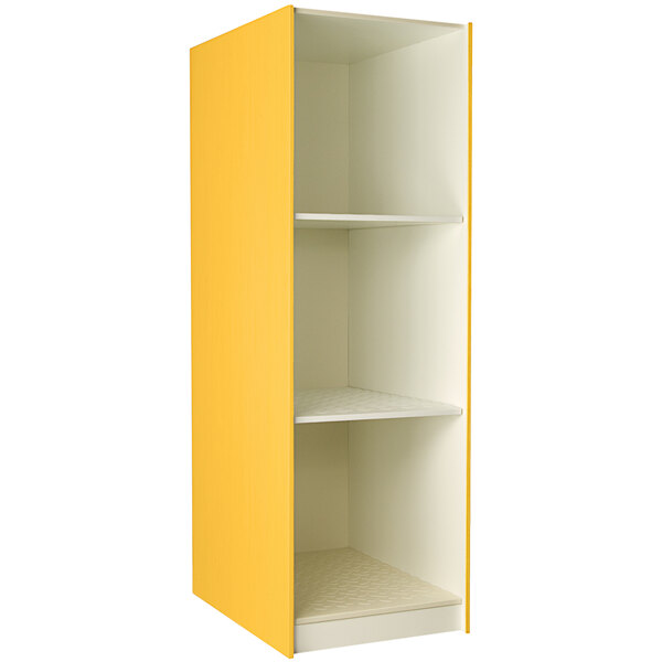 A sun yellow I.D. Systems storage cabinet with white shelves.